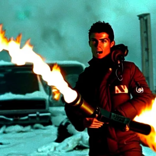 Image similar to movie still of cristiano ronaldo with a flamethrower in the thing (1982), john carpenter, cinematic,