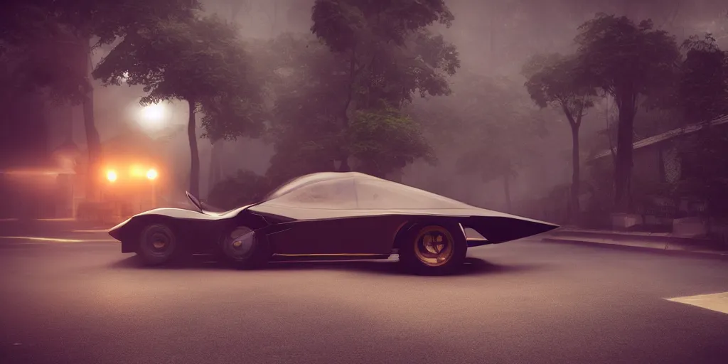 Image similar to parked 6 0 s batmobile, fog, rain, volumetric lighting, beautiful, golden hour, sharp focus, highly detailed, cgsociety