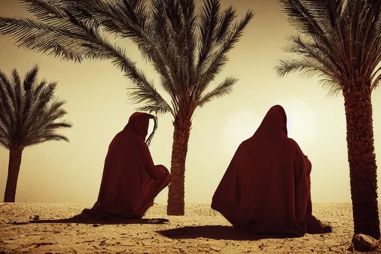 Image similar to a hooded Druid sitting under a palm tree in the Egyptian desert reading ancient scrolls in the light from a small fire at night, brown cloak, desert, starry sky, an ancient city far in the distance, strong dramatic cinematic lighting, lost civilizations, smooth, sharp focus, extremely detailed