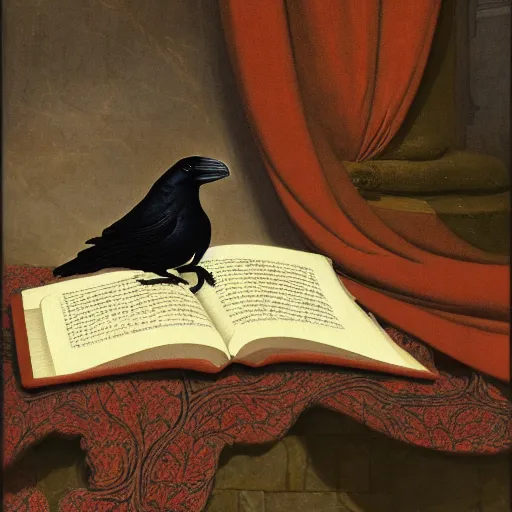 Image similar to beautifully detailed animal portrait of a detailed raven looking at a book laid out on a golden silk cloth, in a serene beautiful stone arched garden at beautiful sunrise by john james audubon and sidney cooper and frederic leighton and by rosetti, 4 k, artstation