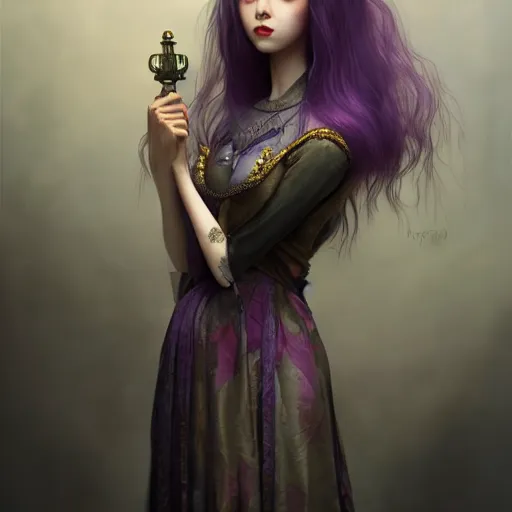 Image similar to photorealistic soft paint of absurdities and curiosities, very beautiful dollpunk asian female full long dress, ultra deep fog, purple black lustrous thin haircut, partial symmetry accurate features, focus, very intricate ultrafine details, award winning masterpiece, tom bagshaw ross tran