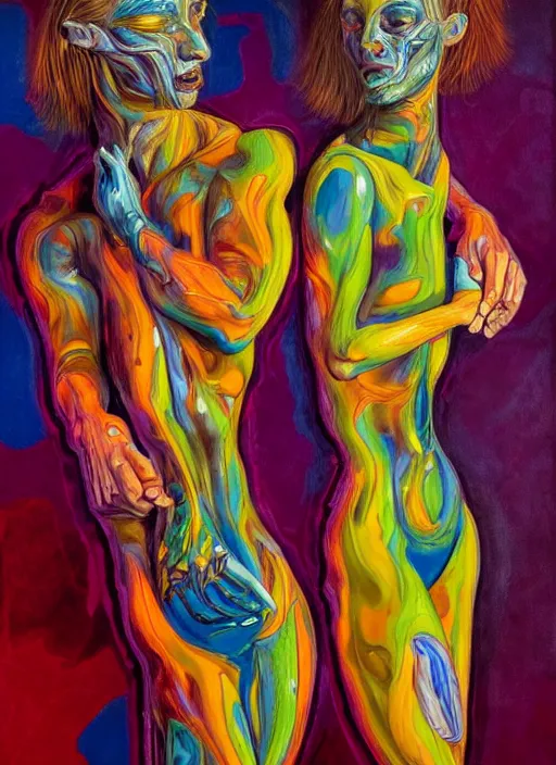 Prompt: a strange, biomorphic painting of two humanoid figures entwined, in vibrant colours in the style of jenny saville, in the style of charlie immer, highly detailed, emotionally evoking, head in focus, volumetric lighting, oil painting, timeless disturbing masterpiece