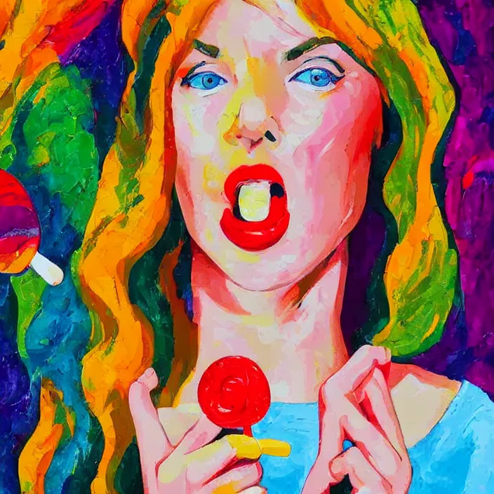 Image similar to portrait of beautiful woman licking a lollipop painted with colorful gouache impasto