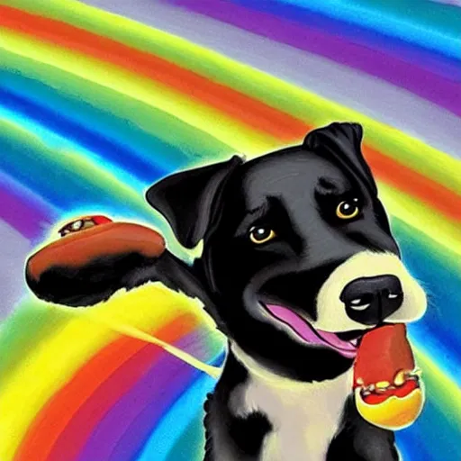 Image similar to adorable cartoon black lab chasing a hotdog across a rainbow bridge, by pixar