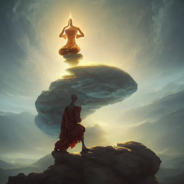 Image similar to in the style of peter mohrbacher, a glowing monk floating and meditating on a rock, dystopian landscape, intricate, masterpiece, award winning, fantasy, hyperrealism intricate