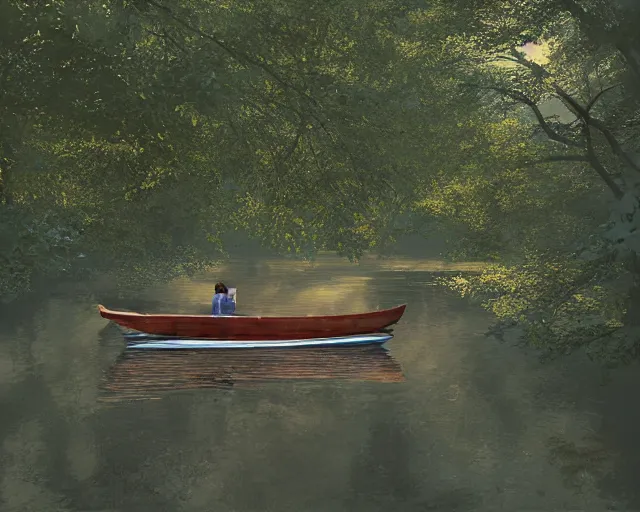 Prompt: one single short small wooden boat in a very narrow narrow river river, trees, shady, ripples, reflections. A boy and a girl are sitting together in the boat. Romantic. Girl has long flowing auburn hair, boy has short hair. By Makoto Shinkai, Stanley Artgerm Lau, WLOP, Rossdraws, James Jean, Andrei Riabovitchev, Marc Simonetti, krenz cushart, Sakimichan, trending on ArtStation, digital art.