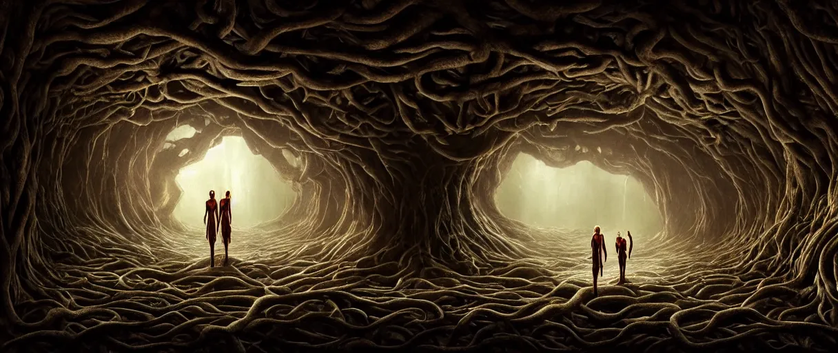Prompt: Adam and Eve inside the brain, snake is surrounding them, beautiful dramatic moody lighting, cinematic atmosphere, high detail, 8k, ornate, dark fantasy, masterpiece, complex, film still from the movie directed by Denis Villeneuve with art direction by Zdzislaw Beksiński, Dan Mumford, Patiphan Sottiwilaiphong, Yintion J - Jiang Geping