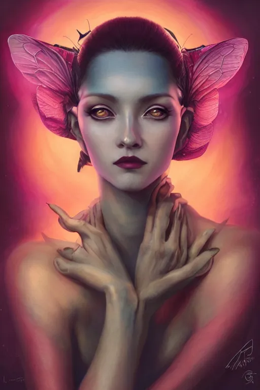 Image similar to portrait of an elegant alien bee woman queen, straight on portrait, by artgerm, tom bagshaw, gerald brom, vaporwave colors, lo - fi colors, vaporwave, lo - fi, moody vibe, goth vibe, 4 k, hd,