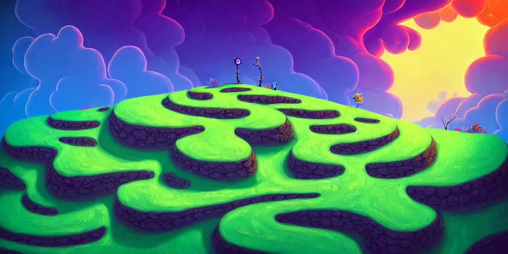 Prompt: curled perspective digital art of curly clouds cobblestone street with wildflowers to a cliff in top of a deep blue see by anton fadeev from nightmare before christmas, smoke