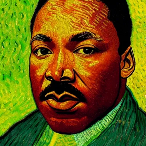 Image similar to an artistic portrait of martin luther king, high quality, studio photography, colorful, hero, heroic, beautiful, in the style of vincent van gogh