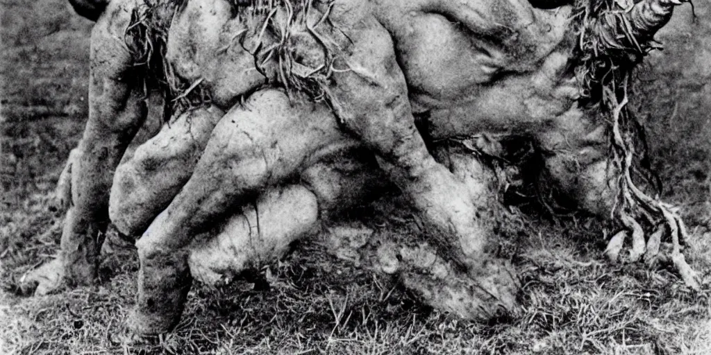 Image similar to historical photograph of a man turning into a grotesque monster with goathorns and roots growing from his face in a pasture in the alps