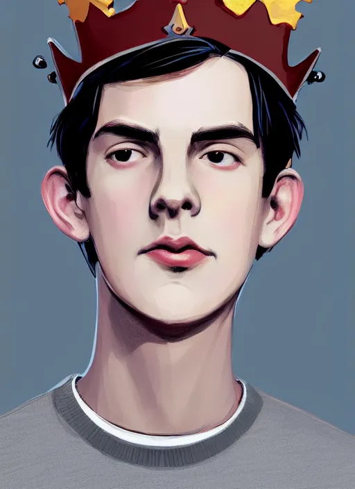 Image similar to portrait of teenage jughead jones wearing a light grey crown, photorealistic, crown, sweater with letter s on it, hamburger, eyes closed, crown, black hair, intricate, elegant, glowing lights, highly detailed, digital painting, artstation, concept art, smooth, sharp focus, illustration, art by wlop, mars ravelo and greg rutkowski