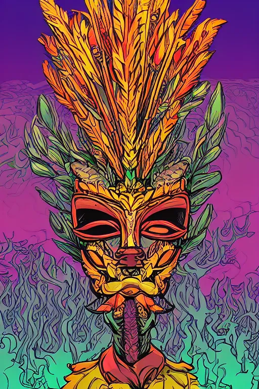 Image similar to animal mask totem roots flower tribal feather gemstone plant wood rock shaman vodoo video game vector cutout illustration vivid multicolor borderlands comics by josan gonzales and dan mumford radiating a glowing aura