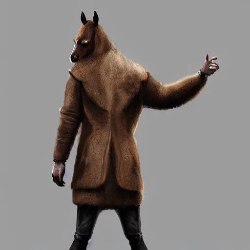 Prompt: concept art of hybrid human and horse wearing coat, anthropomorphic horse wearing a coat and standing on two legs like human, digital art, photo realistic, artstation, highly detailed