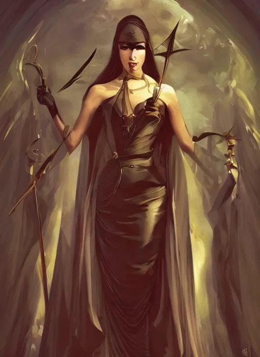 Image similar to tarot!!, high priestess, no noise, elegant, concept art, sharp focus, beautiful face!!, digital art, smooth defined outlines!!, human anatomy, human structure, vector background, dark fantasy, by Brom, trending on Artstation, Tom Bagshaw, Sargent