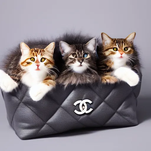 Image similar to a highly detailed photo of multiple furry cats, they are inside a big chanel bag, gray background, studio lighting, 4 k, 8 k