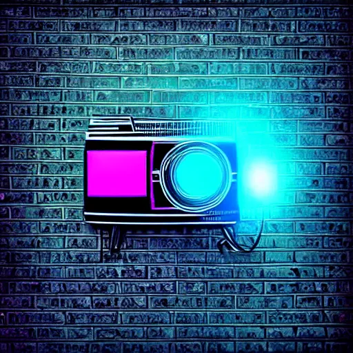 Image similar to DSLR 1980s Ghetto Blaster, Neon, Retrowave