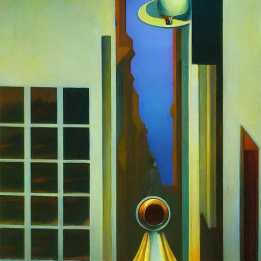 Image similar to view from bottom of a shaft looking up, robot overlords peering down, pj crook, edward hopper, oil on canvas