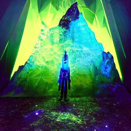 Image similar to A space wizard stand in front of giant, glowing crystal sits in the center of a dark room, Strange symbols line the walls, and a soft light glows from somewhere deep within the room, highly detailed, digital photo, HDRI, by christopher bretz and kael ngu, vivid colors, high contrast, 8k resolution, intricate, photorealistic, smooth, psychedelic color scheme, concept art, award winning, cg society contest winner