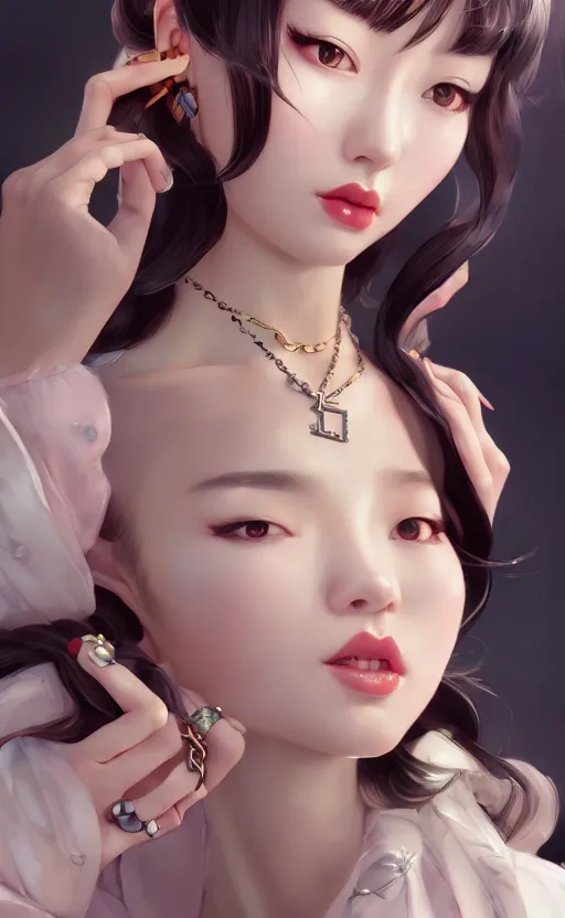 Image similar to a pin up and beautiful fashion charming dreamlke korea girl with lv jewelry, character art, art by artgerm lau and kyoung hwan kim and and ilya kuvshinov and john singer sargent, hyperdetailed, 8 k realistic, symmetrical, frostbite 3 engine, cryengine, dof, trending on artstation, digital art