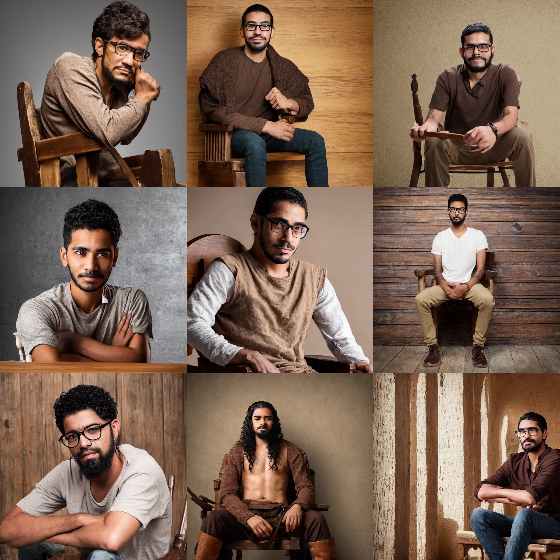 Prompt: 3 / 4 view portrait of a latino skinny young man as a game of thrones character, brown skin, wavy short hair, goatee, wearing glasses, straight nose, seated on wooden chair, close up, light brown background