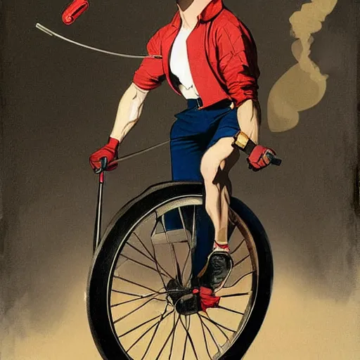 Prompt: Chris Evans riding a unicycle and looking very happy by leyendecker