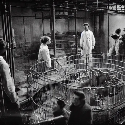 Prompt: scientists surrounding a creature locked in a cage in a warehouse, 1 9 2 0's sci - fi, black and white, 8 k, highly ornate intricate details, extreme detail,