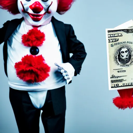 Image similar to Pennywise the clown wearing a suit and holding a banknote in his hands, full body shot