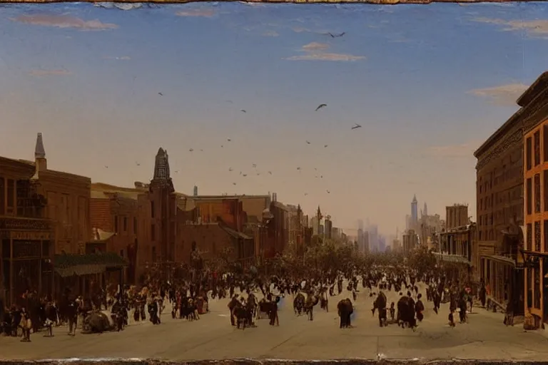 Prompt: birds looking down street of small but busy downtown midwestern town, 1 8 0 0 s, rule of thirds, matte painting, highly detailed, cinematic lighting, by albert bierstadt, frederic edwin church