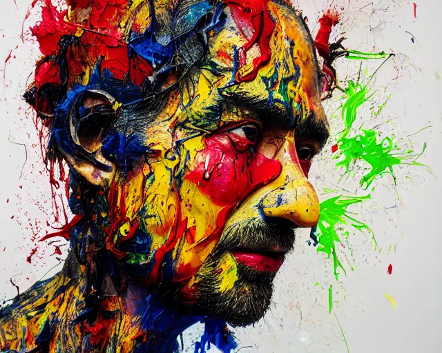 Image similar to abstract expressionist portrait of a head made of very thick impasto paint and acrylic pour and coloured powder explosion and splashing paint and dripping paint and flying paint chunks, eyes closed or not visible, expressing strong emotions, art by antony micallef, motion blur, hyperrealistic, intricate art photography, anatomically correct, realistic crisp textures, 1 6 k