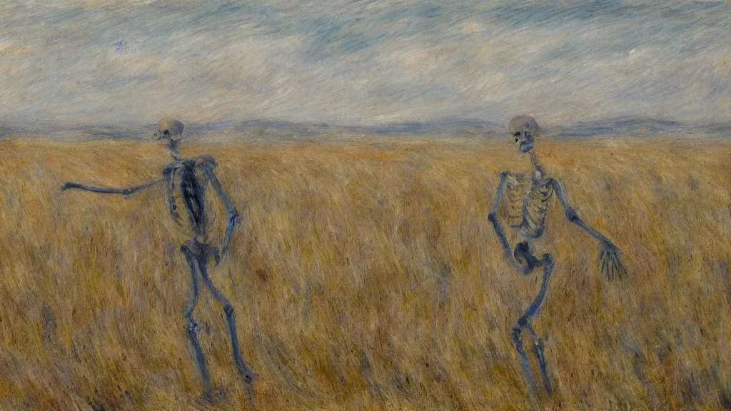 Image similar to a skeleton standing in a stomry, foggy wheat field in style of pierre - auguste renoir,, fine details,