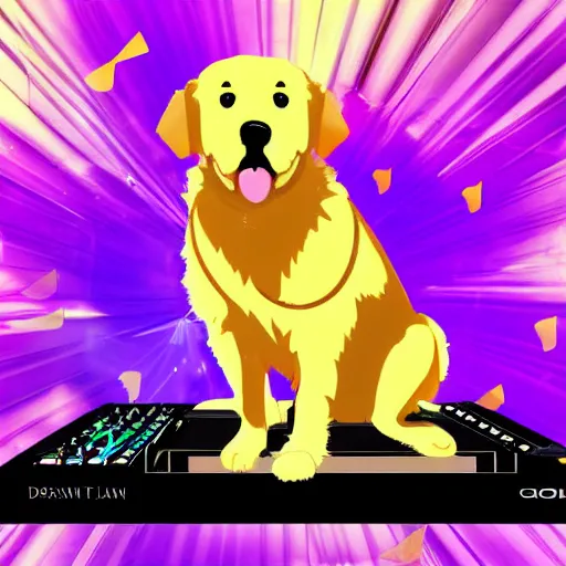 Image similar to a DJ Golden Retriever playing at a nightclub, digital art