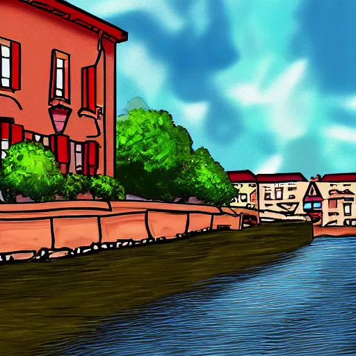 Prompt: digital art painting of a river running through a european town, very mediocre, not detailed at all.