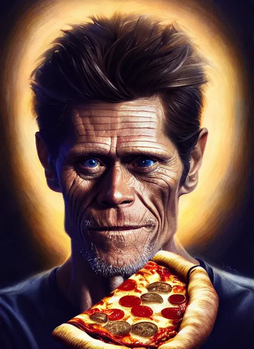 Image similar to portrait of willem dafoe staring intently at a pizza, crying, intricate, elegant, glowing lights, highly detailed, digital painting, artstation, concept art, smooth, sharp focus, illustration, art by wlop, mars ravelo and greg rutkowski