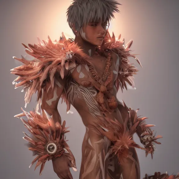 Prompt: 3D render of a cute anime boy covered in tribal body paint, fantasy artwork, fluffy, mid-shot, award winning, hyper detailed, very very very beautiful, studio lighting, artstation, unreal engine, unreal 5, 4k, octane renderer