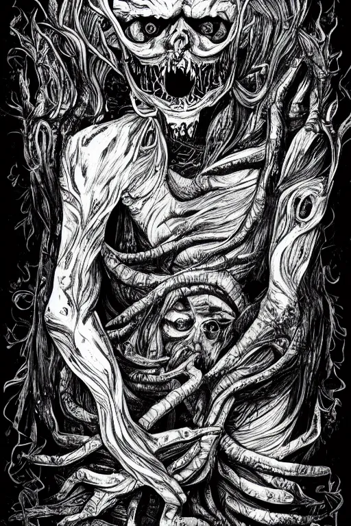 Image similar to black and white illustration, creative design, body horror, monster