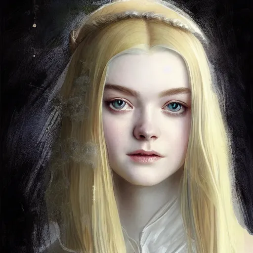 Image similar to a professional painting of Elle Fanning, clothed in ethereal armor, porcelain white skin, long blonde hair, beautiful bone structure, symmetrical facial features, intricate, elegant, digital painting, concept art, smooth, sharp focus, illustration, from Dark Souls, by Edward Hopper and Johannes Vormeer and Artgerm and William-Adolphe Bouguerea