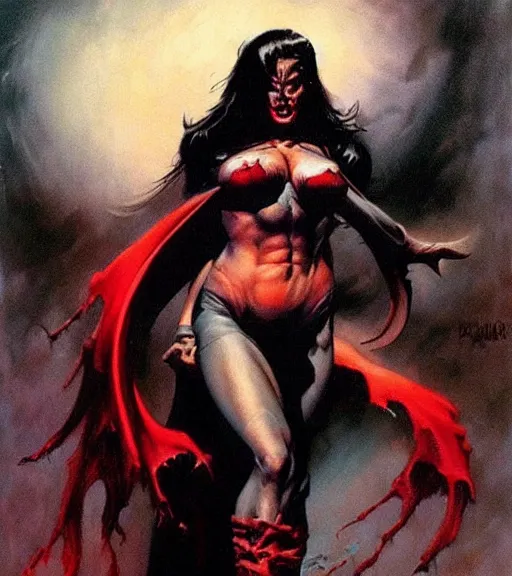 Image similar to seventies scream queen, dark night, strong line, deep color, beautiful! coherent! by brom, by frank frazetta,