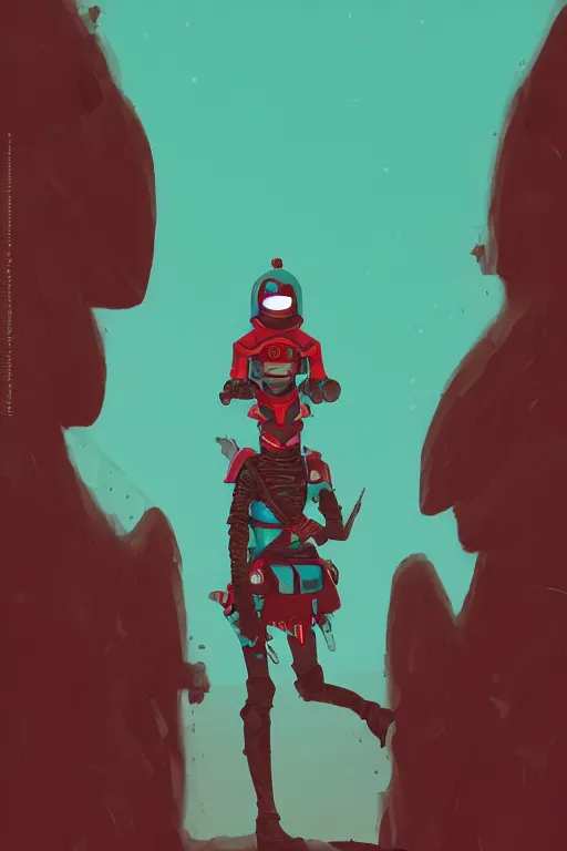 Image similar to female adventurer in tight full - body teal leather armor of japanese design with red accents and a white porcelain crow mask, trending in artstation, japanese, by simon stalenhag, establishing shot