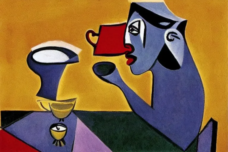 Prompt: a woman drinking tea, made by Pablo Picasso, 3d pixar movie