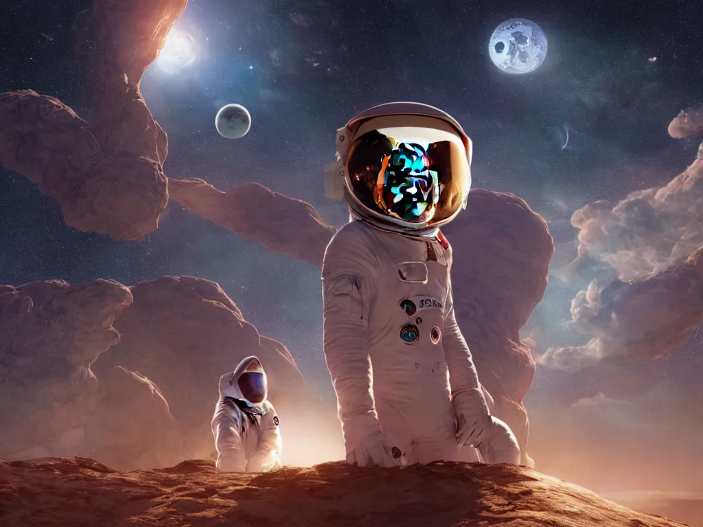Prompt: an astronaut monkey near elon musk in front of spacex falcon 9, moon background, by john william godward and anna dittman and laurie greasley and victo ngai and taro okamoto and caspar david friedrich, full body portrait atmospheric lighting, intricate detail, cgsociety, hyperrealistic, octane render, rpg portrait, ambient light, dynamic lighting