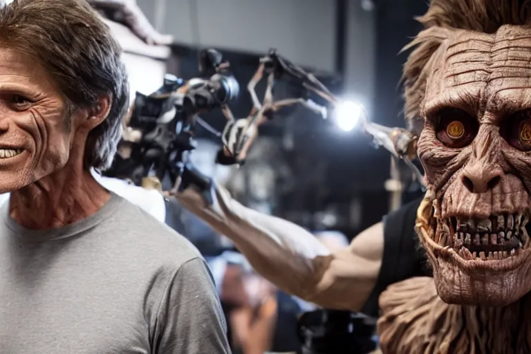 Image similar to animatronic Willem Dafoe by Stan Winston studios, behind the scenes photo, detailed, 4k