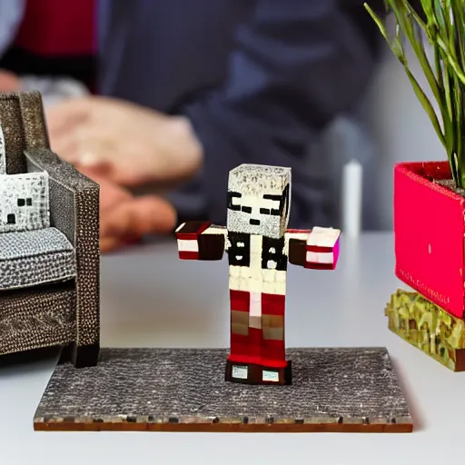 Image similar to queen elizabeth minecraft figurine on a table, professional photo