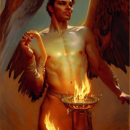 Prompt: handsome lucifer morning star casting a spell to raise hell unto heaven. highly detailed painting by gaston bussiere, craig mullins, j. c. leyendecker, 8 k