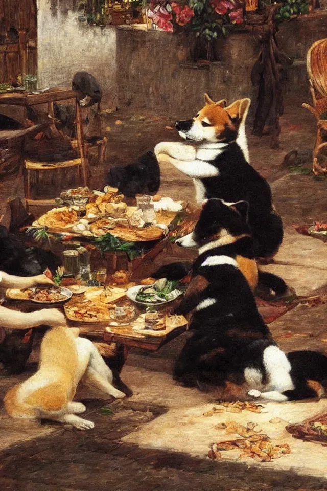 Prompt: a shiba inu eating lunch in colonial - era manila, in the style of juan luna, 8 k, highly detailed, artistic, romanticism art style