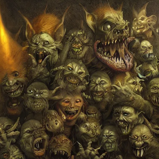 Image similar to a horde of goblins, dark atmosphere, humorous, grotesque, muted color, detailed, octane render, golden ratio, by brian froud, by jean - baptiste monge