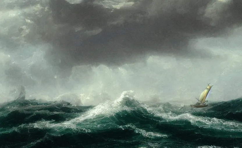 Image similar to middle of the ocean, large waves, large 1800s boat, no land, dark skies, close up shot, at dusk, 4k, rule of thirds, extreme detail, hazy, intricate ink illustration, surreal, surrealist, trending on artstation, cgsociety, hd, complimentary colours, realistic lighting, by Albert Bierstadt, Frederic Edwin Church.