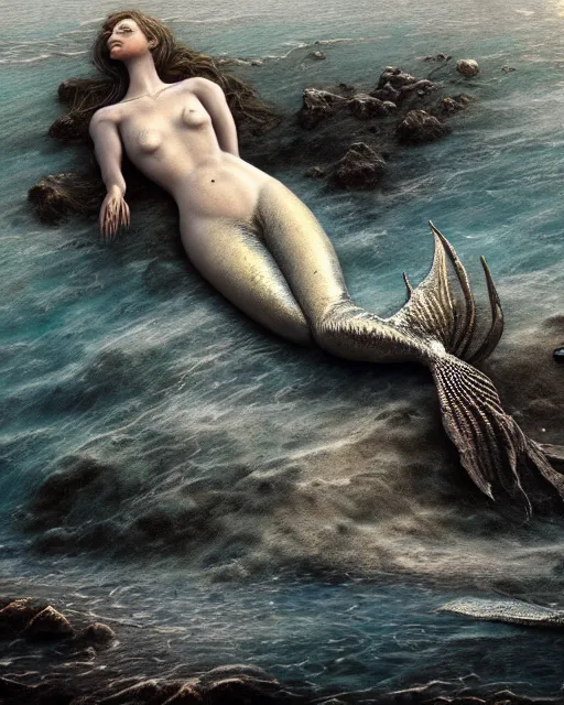Prompt: beached mermaid, accurate details, dramatic, intricate, elegant, highly detailed, digital painting, artstation, concept art, sharp focus, illustration, art by Gustave Dore, octane render