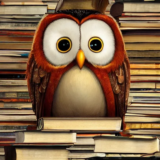 Image similar to long shot of a very cute plushy owl with eyelids half closed sitting on a pile of antique books, by esao andrews, by pixar, humorous illustration, hyperrealistic, big depth of field, fresh colors, dim light, 3 d octane render conceptart, 4 k, hyperdetailed, trending on artstation