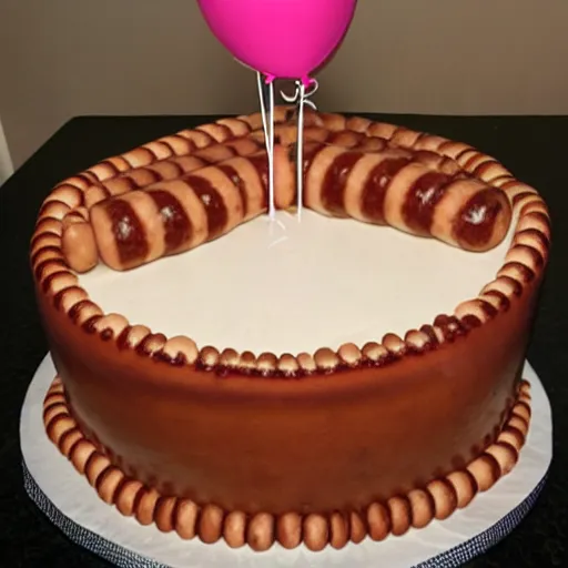 Prompt: birthday cake made entirely of sausages